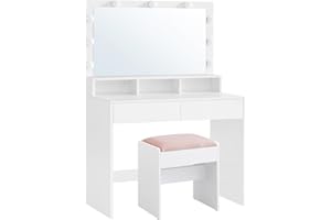VASAGLE KAILYN Collezione - Tavolo da Trucco con Sgabello, Toeletta con Luce LED, Luminosità Regolabile, con Specchio, Tavolo Cosmetico con 2 Cassetti e 3 Scomparti Aperti, Bianco Nuvola RDT720W01