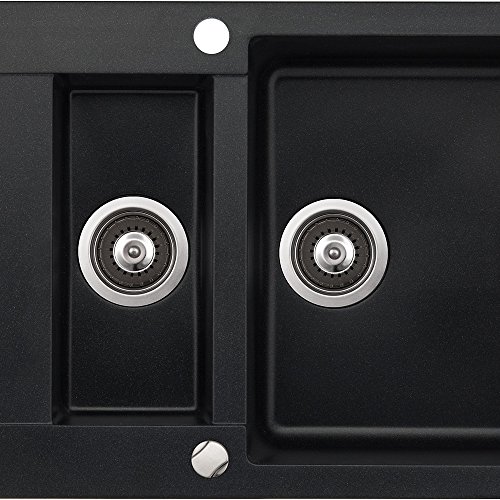 Spüle Granitspüle Küchenspüle Einbauspüle Auflage Doppelspüle Spülbecken 800 x 495 mm + Drehexcenter + Siphon (Schwarz) - 3
