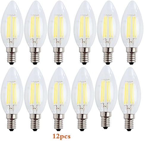 WULUN E14 LED Candle Filament Bulbs 4W, 40W Clear Candle Bulbs Equivalent , Cool White(6500K) Candelabra E14 SES Bulb, Non-Dimmable, 400Lm, LED Light Bulb, Flame shaped bulb E14,Small Edison Screw Candle Light Bulbs, 12-Pack