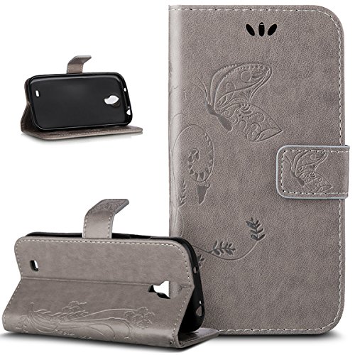 Galaxy S4 Hülle,Galaxy S4 Case,Galaxy S4 Leder Wallet Tasche Brieftasche Schutzhülle,ikasus® Prägung Schmetterling Blumen Muster PU Lederhülle Flip Hülle im Bookstyle Cover Schale Stand Ständer Etui Karten Slot Schutzhülle Grau Tasche Wallet Case für Samsung Galaxy S4 i9500 - Groß Schmetterling:Grau