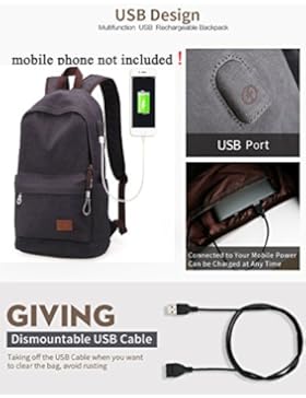 HITOP Beiläufiger Rucksack-Segeltuch für Schule, Laptop-Beutel mit USB-aufladenhafen (Dunkelblau)