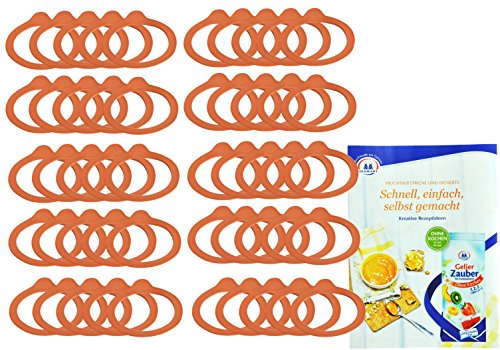 WECK-Einkochringe, 50 Gummidichtringe 54 x 67 mm für Rundrand 60, rot-braun, RR60, luftdicht verschließen + konservieren, Zubehör zum Einkochen, einwecken incl. Gelierzauber Rezeptheft von Diamantzucker