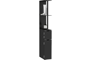 kleankin Mobiletto Bagno Salvaspazio a Colonna con 2 Ripiani e 2 Armadietti, Colonna Bagno in Legno per Salotto, Soggiorno, 15.2x29.8x118 cm, Nero
