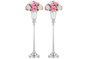NUPTIO Vaso Argento Centrotavola Matrimonio: 2 Pezzi 67.8cm Alti Vasi Centro Tavola Metallo Portafiori Tromba Fiori per Nozze Cerimonia Anniversario Compleanno Festa Decorazione
