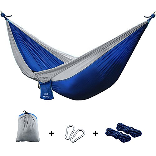 Camping Hängematte, FILWO Tragbare Hängematte für Outdoor Indoor Reise Garten Strand, Große Hängematte 270 x 140CM Tragfähigkeit bis zu 300KG 660LB für 1 oder 2 Erwachsene Doppel Hängematte (Royalblau + Grau)