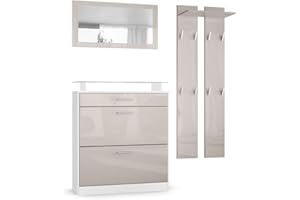 ‎VLADON Vladon Garderobe Loret mini, Garderobenset bestehend aus 1 Schuhschrank, 1 Wandspiegel und 2 Garderobenpaneele, Weiß matt/Sandgrau Hochglanz