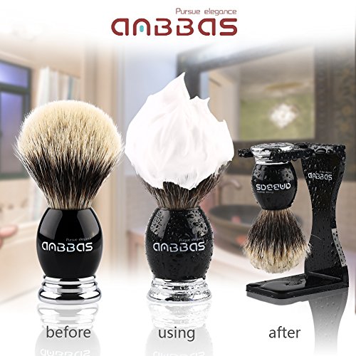 4pcs Shaving Set, Anbbas Silvertip Badger Shaving Brush with Black Resin & Alloy Handle,Acrylic Shaving Stand with Black… - Image 3