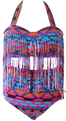 TDOLAH Damen Bunt Bikini-Set mit Fransen Neckholder Bandeau große Größe
