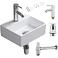 CROSS ZEBRA Rectangle Wash Basin Sink with Tap, Waste, P-Trap Wall Mounted High Temperature Calcination Ceramic Vessel White Simple Design Glossy Surface Easy to Clean for Bathroom Toilet Cloakroom