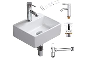 CROSS ZEBRA Rectángulo Lavabo Fregadero con Grifo, Residuos, P-Trap Montado en la Pared Alta Temperatura Calcinación Cerámica Recipiente Blanco Diseño Simple Superficie Brillante Fácil de Limpiar para