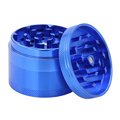 DCOU Tabakschleifer aus Aluminium Zigarettentabak, Gewürze, Kräuter Mahler mit Pollenfänger 4 Schichten Mahlwerk - Ø55mm H48mm Blau