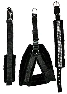 Ocean Wave Nylon Dog Harness Leash and Collar Set with Soft Fur, Black (1.25-inch, Large)