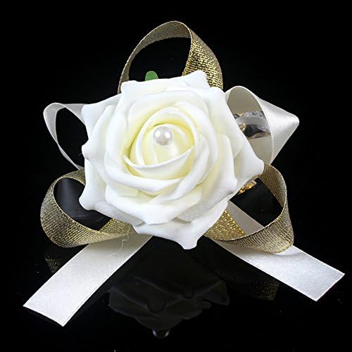6pcs Wedding Bridal Bridesmaid crystal Pearl Artificial Rose Wrist Corsage Bracelets white