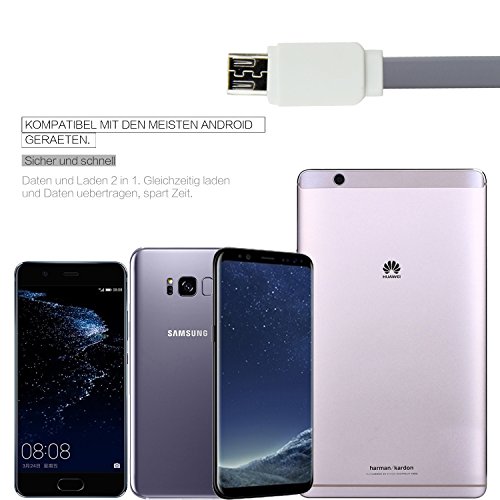 Telckabel 2m Micro USB Nudel Kabel Flates Daten- und Ladekabel für alle Android Apparaten Samsung Huawei Nokia Sony Blackberry usw, Grau - 7