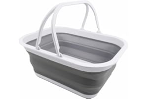 SAMMART Cestino pieghevole da 15 litri con manico, cestino da picnic portatile per esterni, borsa per la spesa pieghevole, contenitore salvaspazio (bianco/grigio, 1)