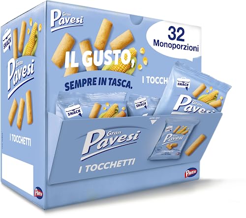 Gran Pavesi Snack Tocchetti, Snack al Mais Cotti al Forno, Senza Olio di Palma, Snack Salato e Gustoso, Confezione da 32 Pacchetti