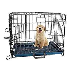 RvPaws Single-Door Folding Metal Dog Cage with Paw Protector Easy to Move with Removable Tray Iron Cage for Dog & Rabbit 18 Inch Silver Black