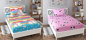 SinghsVillas Decor Presents Cartoon Printed Combo of 2 Single Bedsheet with 2 Pillow Covers for Kids