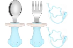Vicloon Tenedor y Cuchara de Acero Inoxidable para Niños，2pcs Tenedores y Cucharas para Bebe, Vajilla Infantil, Vajilla de Entrenamiento para Niños，sin BPA（Azul）