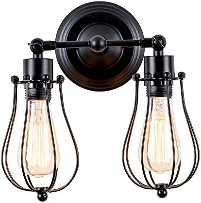 Vintage Industrial Wall Light Rustic Wire Metal Cage Wall Sconce Indoor Home Retro Design Lighting Fixture (Double Lamp) Adjustable Swing Arm Old Factory Steampunk