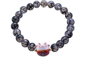 Générique Bracelet Japonais Maneki Neko (招き猫) Porte Bonheur Perles Naturelles (18 cm réglable)