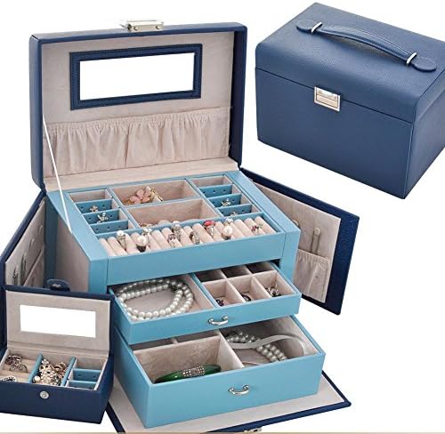 GZXCPC High Quality Luxurious Jewelry Box Jewelery Box Jewelery Storage Jewelery Box Made Of Leather And Wood, With 3 Drawers, Side Pockets, Snap Lock And Built-In Mirror, Many Colors , blue