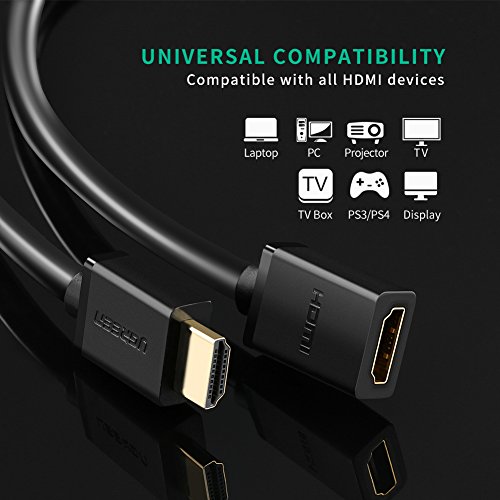 HDMI Verlängerung UGREEN High Speed HDMI Verlängerung Kabel HDMI Stecker auf Buchse Ultra HD 4K 3D mit Ethernet und Audio Rückkanal und Unterstützt für Blu Ray Player, 3D Fernsehen, Roku, Boxee, Xbox360, PS3, Apple TV Schwarz 0.5m - 5