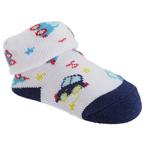Baby Boys Car Design Bootie Socks With Gift Pouch (0-6 Months) (White/Navy/Light Blue)