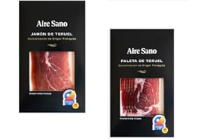 AIRESANO Aire Sano - Estuche de Jamón y paleta DOP Teruel (10 Sobres de Jamón de 80 g) + (5 Sobres de Paleta de 80 g) - Alto Contenído en Proteínas, Sin Gluten y Sin Lactosa - Envasados al Vacío