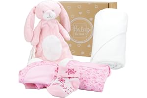 Baby Box Shop – 6 Baby-Essentials für Neugeborene, ideale Babypartygeschenke und Taufgeschenke für Mädchen, inklusive Babydecke, rosa Babyhandtuch mit Kapuze, Musselintuch, Body, Lätzchen und Socken
