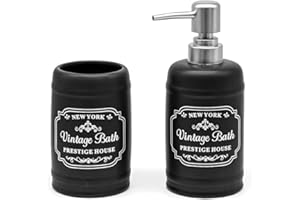 Inbagno Set Accessori Bagno in Ceramica Nera con Stampe a Contrasto Bianche, Stile Vintage, Completo di Dispenser Sapone e portaspazzolini