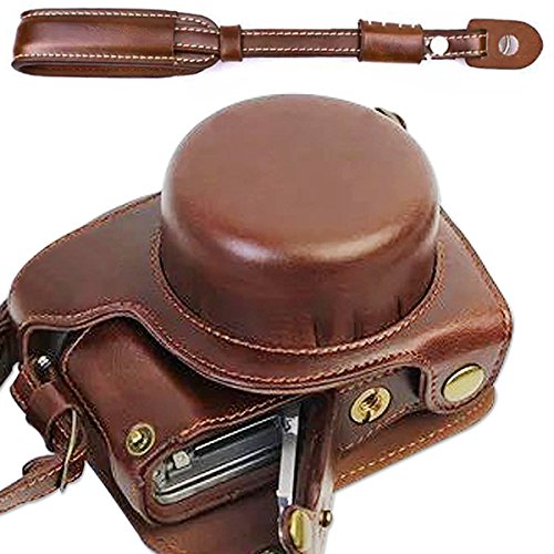 First2savvv Premium Qualität dunkeldunkelbraun Ganzkörper- präzise Passform PU-Leder Kameratasche Fall Tasche Cover für Panasonic Lumix DMC GF8 GF7 mit Kameragurt -XJD-GF8-HH10S10