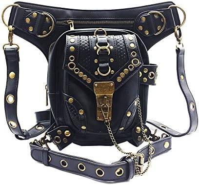 Women Men Steampunk Punk Waist Bags Handbag PU Leather Vintage Shoulder Bag Waist Packs Crossbody Messenger Bag Gothic Black