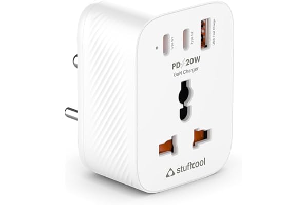 Stuffcool Chargeplug Mini Universal Multi Plug With 20W Gan Fast Charger,Dual Type-C PD,USB-A QC,6A Power Support,Global Socket Fast Charge Iphones 50% In 30 Mins With Surge Protection For Ports,White