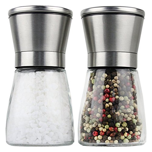 DIKETE® Salz und Pfeffermühlen Set, 2 teiliges Gewürzmühle aus Edelstahl und Glasgehäuse - Keramikmahlwerk für Gewürze, Salz ,Chilli ,Manuelle Kräutermühle Salzmühle