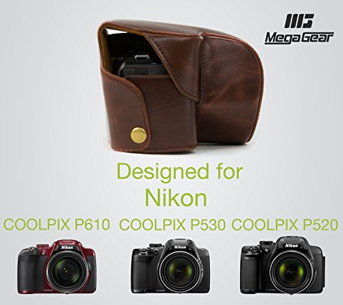 MegaGear toujours pr  t    tui de protection en cuir marron fonc   de l appareil photo  Sac pour Nikon COOLPIX P520  Nikon COOLPIX P530  Nikon COOLPIX P610 num  rique