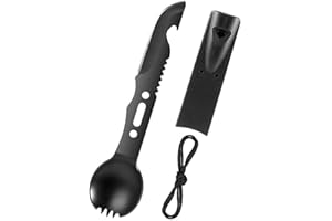 Fezf Set de couverts de camping 1 pièce, fourchette et cuillère en acier inoxydable 6 fonctions, ouvre-bouteille portable pour le camping, la randonnée et les activités de plein air.