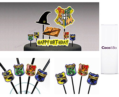 Coco & Bo – Hogwarts Häuser – Starter Party Pack für 8 Essen und Trinken – Gryffindor, Slytherin, Hufflepuff und Ravenclaw – Magical WIZARDING Harry Potter Thema Hogwarts Schule Party – Trinkhalme, Cupcake Picks & Happy Birthday Kuchen Topper