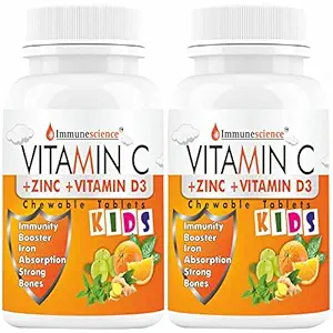 Immunescience Vitamin C For Kids Tablets With Zinc Supplements Natural Extracts & Bioflavonoids, Immunity Booster Strength Energy Growth Skin Care Strong Bones Chewable Tablet -120 (orange Flavor)