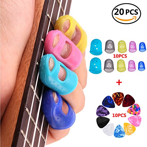 Set of 10 L/M/S/XS/XXS Size Guitar Fingertip Protectors Silicone Finger Guards for Ukulele / Electric Guitar & 10 Assorted Pearl Celluloid Guitar Picks(Color: Random)