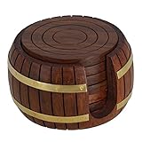 ShalinIndia Wooden Round Tea Coasters Set of 6 in Antique Inspired Barrel Holder
