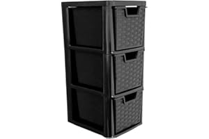 KYY'Z Rattan Effect 3 Drawer Plastic Storage Organizer- Multipurpose Storage Drawer Unit Home Kitchen Office School Garage Bedroom Bathroom Stationery Toys 25Dx19Wx 48Hcm (Black, 3 Tier)