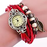 Kycut Markenuhren Online Braun Retro Weave Wrap Lady Bead Leaf Dangle Armband Armreif Quarz Armbanduhr