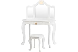 COSTWAY Tocador de Maquillaje Niña con Taburete y Espejo, Escritorio Madera 2 en 1 con Cajón, Espejo de 3 Sectores, 80x42x105cm, para Niñas +3 Años (Blanco)