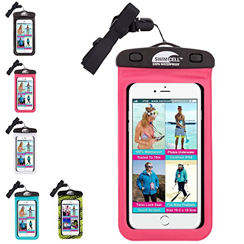 SwimCell funda impermeable para teléfono móvil, iPhone 6, 7 Plus, iPad, Tablet, Samsung Tab, Kindle, reproductor de mp3, cámara, llaves, dinero, pasaporte. Alta calidad. Probado para IPX8. 10 m bajo el agua., pvc, rosa, Large Phone 10cm x 19cm