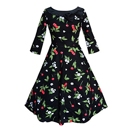 Milk Moon Vintage - Vestido - Lunares - Manga 3/4 - para Mujer Negro Black with Cherry Print 36
