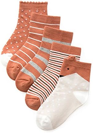Genfien Toddlers Socks Ankle 5 Pairs in Set Cotton Blend Thermal Cute Lovely Cartoon Pattern 5-8 Years Old