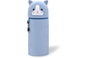 DGTSYAL 2 in 1 Weiche Silikontasche Kawaii Federmäppchen, Tischstifthalter, Reißverschluss, Silikon, Stiftetasche Buntstifte Marker, Büro, Uni, niedlicher Schulbedarf, Mädchen (Blaue Katze)
