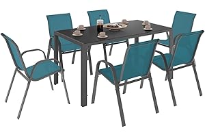IDMarket - Salon de Jardin Madrid Table 150 CM et 6 chaises empilables Bleu Canard