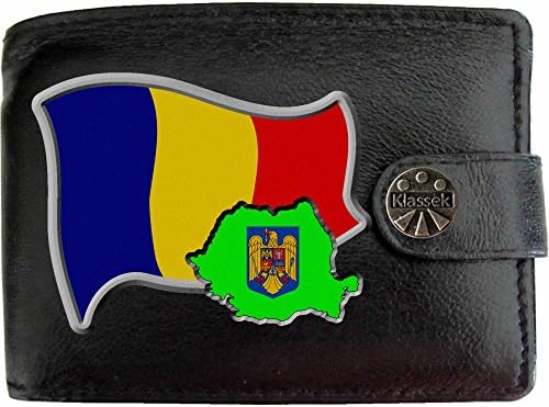 KlassekRomania Flag Romanian Map and Coat of Arms COA Mens Wallet Real Black Leather RFID Blocking with Coin Pocket and Metal Gift Box